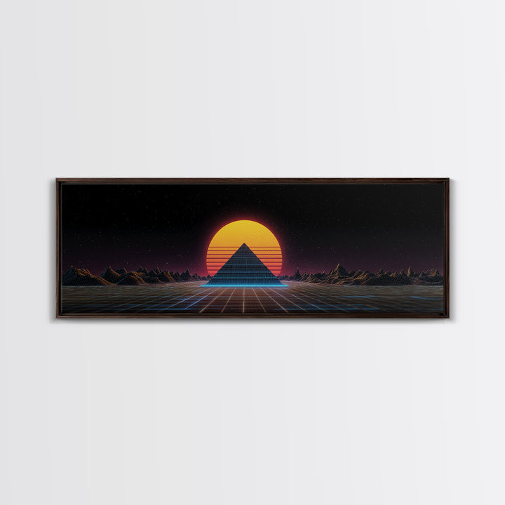 Retro Pyramid Sunset Canvas Print, Synthwave Desert Wall Art, Futuristic Vaporwave Decor, Gaming Room Statement Artwork Poster