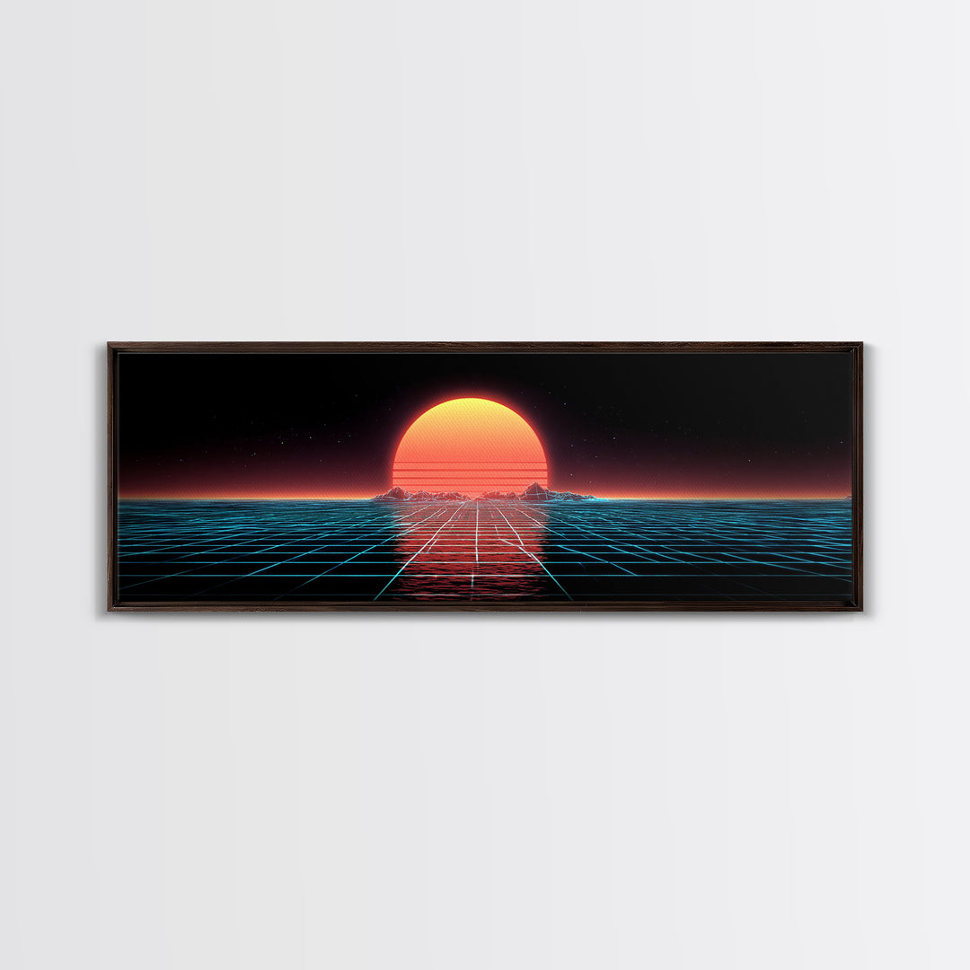 Retro Futuristic Ocean Grid Sunset Wall Art, Synthwave Neon Landscape, Vaporwave Decor, Large Horizontal Art Print, Home Decor