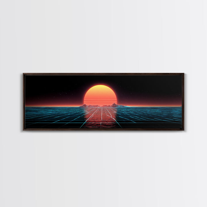 Retro Futuristic Ocean Grid Sunset Wall Art, Synthwave Neon Landscape, Vaporwave Decor, Large Horizontal Art Print, Home Decor