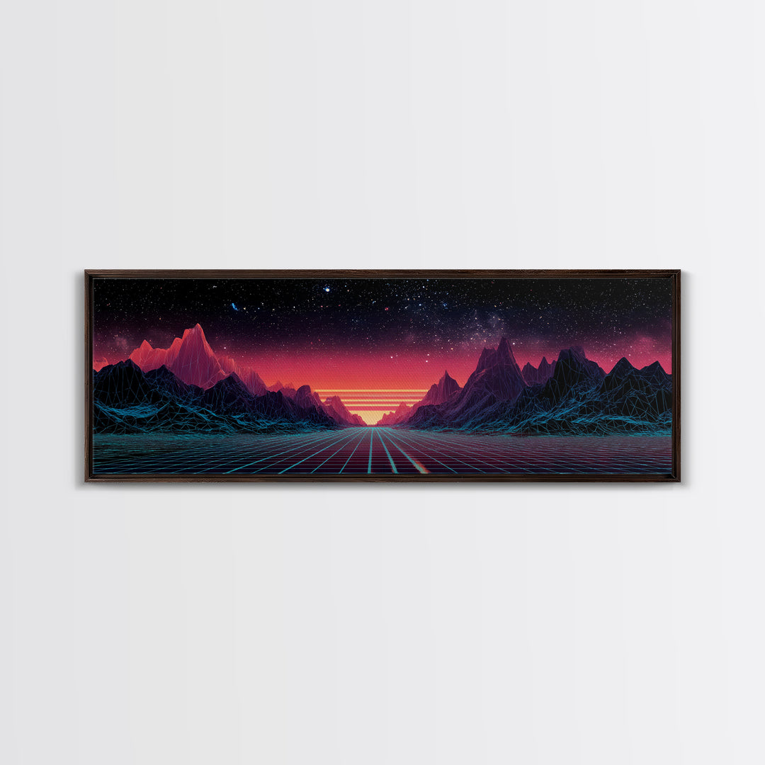 Synthwave Mountain Road Under Starry Sky, Retro Futuristic Wall Art, Landscape Canvas Print, Man Cave Decor, Large Wall Art