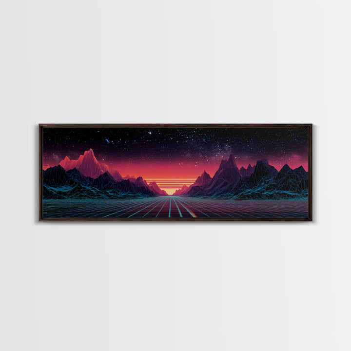 Synthwave Mountain Road Under Starry Sky, Retro Futuristic Wall Art, Landscape Canvas Print, Man Cave Decor, Large Wall Art