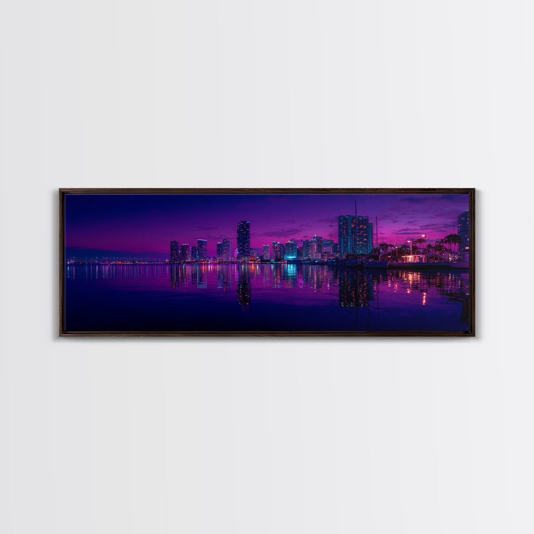 Neon Waterfront City Skyline Wall Art, Miami Night Canvas Print, Urban Photography Decor, Modern Office Living Room Poster