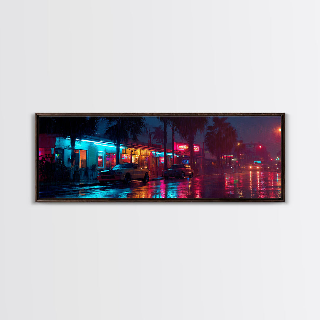 Rainy Neon City Street Wall Art, Cyberpunk Urban Night Canvas Print, Retro Motel Lights, Modern Office Decor, Moody Wall Decor