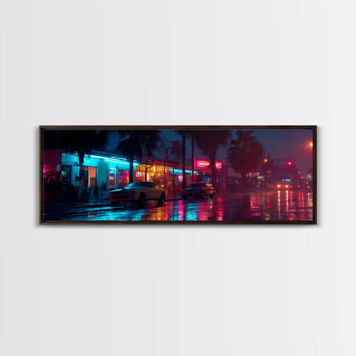 Rainy Neon City Street Wall Art, Cyberpunk Urban Night Canvas Print, Retro Motel Lights, Modern Office Decor, Moody Wall Decor
