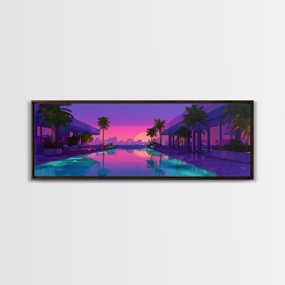 Neon Poolside City Sunset Framed Canvas Print, Miami Palm Skyline Wall Decor, Cyberpunk Art, Modern Living Room Decor, Large Wall Art