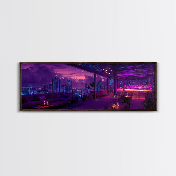 Neon Rooftop Lounge Skyline At Dusk Wall Art, Cyberpunk Cityscape, Futuristic Bar Decor, Panoramic Living Room Print Home Decor