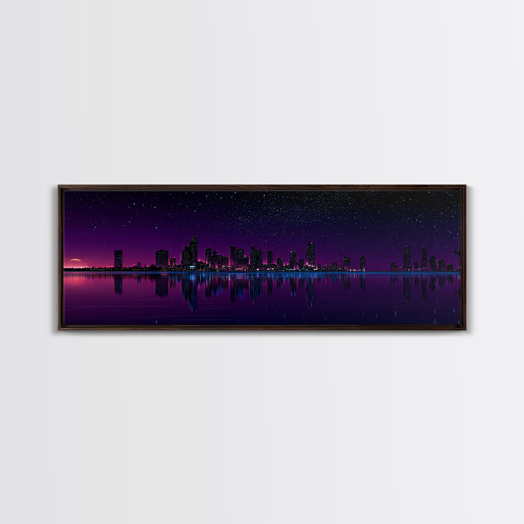 Purple Starry City Skyline Reflection, Modern Wall Art, Cyberpunk Canvas Print, Urban Night Decor, Office Wall Decor, Living Room Art