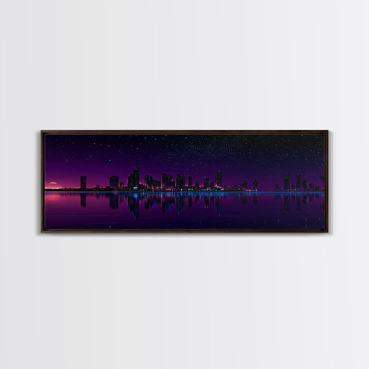 Purple Starry City Skyline Reflection, Modern Wall Art, Cyberpunk Canvas Print, Urban Night Decor, Office Wall Decor, Living Room Art