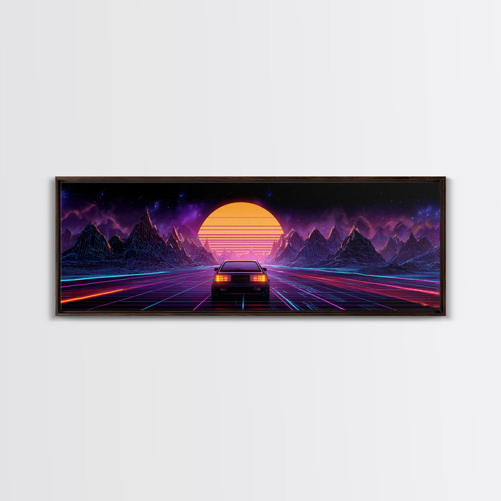 Neon Synthwave Car Wall Art, Retro Futuristic Mountains, Cyberpunk Sunset Decor, Gaming Room Poster, Panoramic Canvas Print
