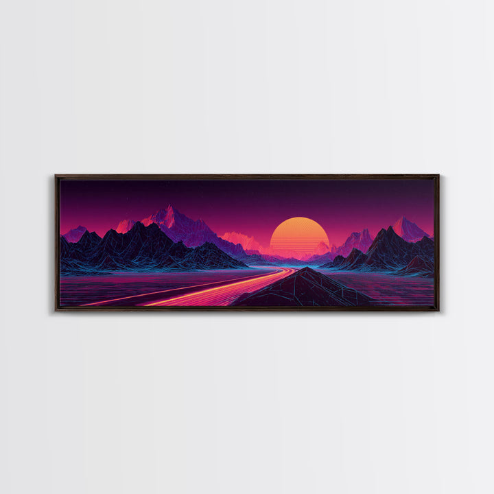 Neon Highway Through Purple Mountains Framed Canvas Print, Synthwave Wall Art, Retro Futuristic Decor, Gaming Room Poster