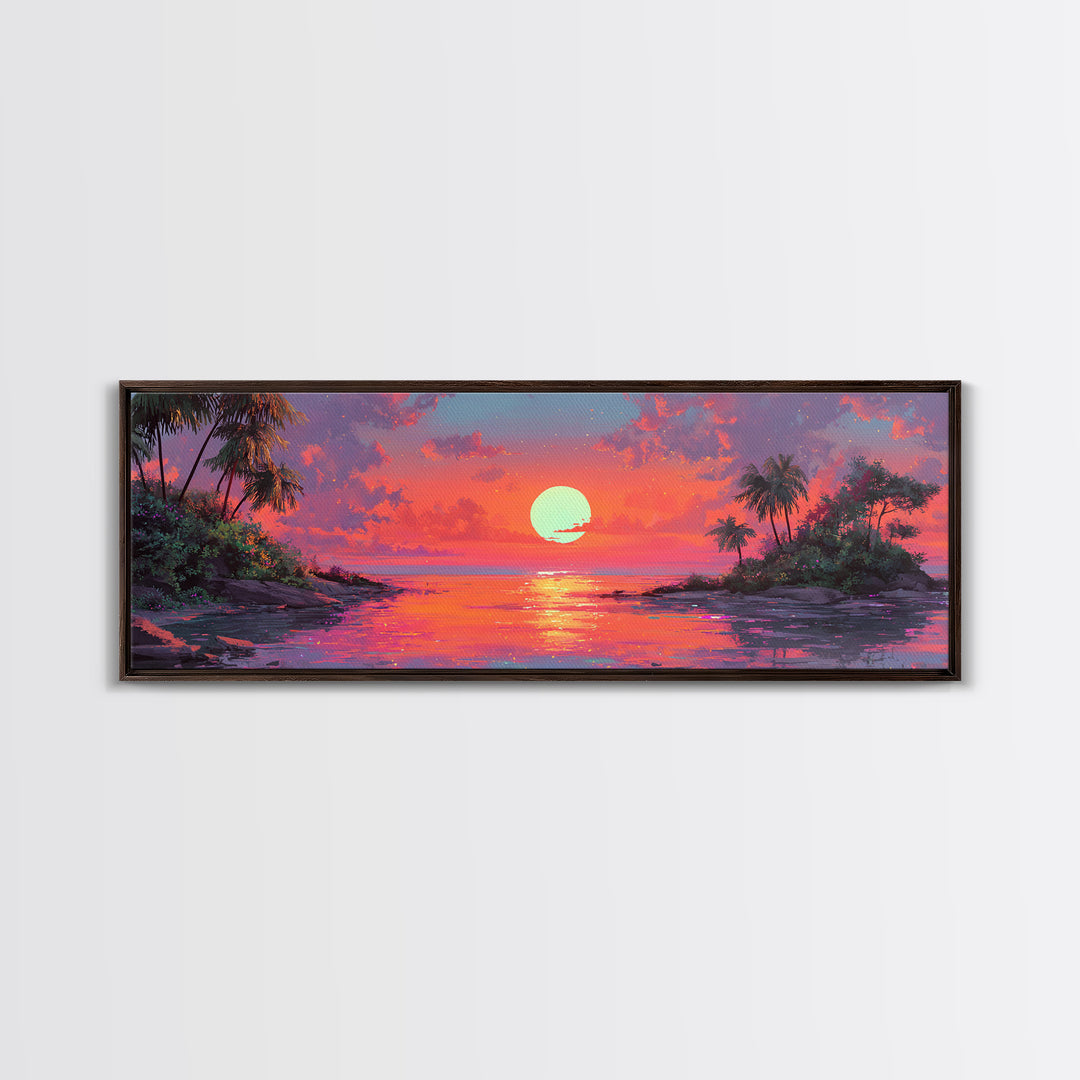 Tropical Island Sunset Cove Wall Art, Extra Wide Canvas Print, Coastal Beach House Decor, Vibrant Ocean Living Room Wall Decor
