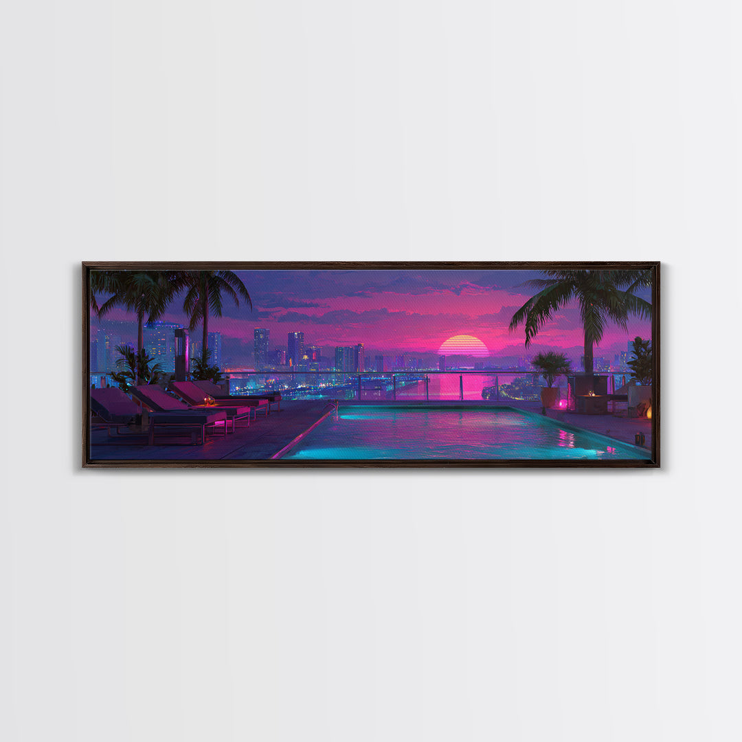 Neon Rooftop Pool At Sunset Framed Canvas Print, Cyberpunk City Wall Art, Tropical Miami Decor, Vaporwave Living Room Art