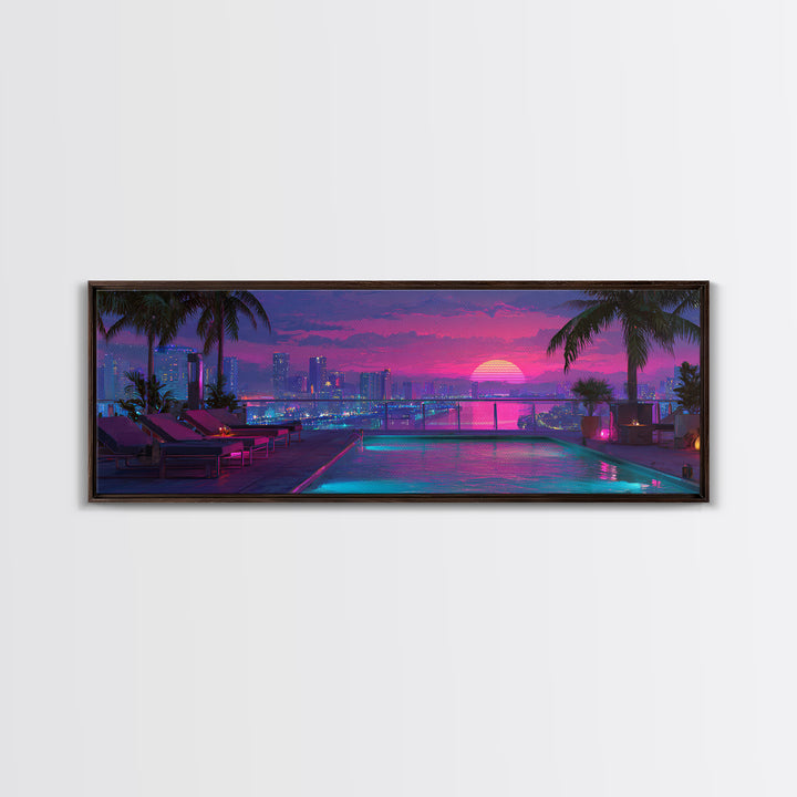 Neon Rooftop Pool At Sunset Framed Canvas Print, Cyberpunk City Wall Art, Tropical Miami Decor, Vaporwave Living Room Art