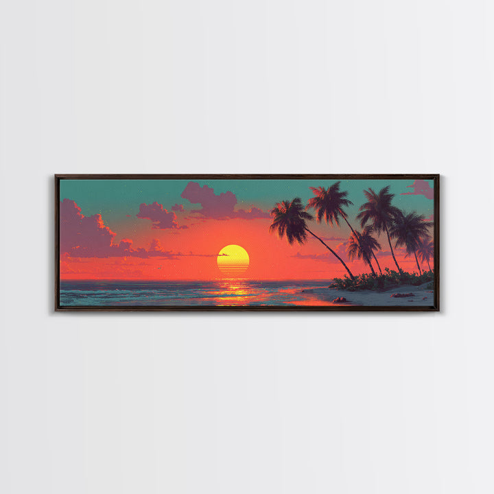 Tropical Palm Beach Sunset Wall Art, Retro Coastal Canvas Print, Ocean Seascape Decor, Summer Beach House Art Print Gift