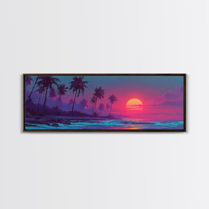 Pink Tropical Palm Island Sunset Wall Art, Neon Ocean Waves, Coastal Beach House Decor, Large Horizontal Canvas Print Poster