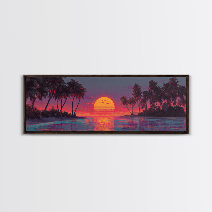 Starry Tropical Island Sunset Over Lagoon Framed Canvas Print, Coastal Wall Art, Beach House Decor, Vibrant Ocean Poster