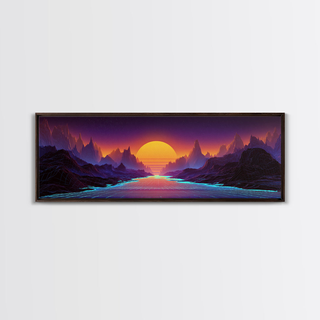 Neon Fantasy Mountain Valley Wall Art, Synthwave Landscape Canvas Print, Futuristic Decor, Gaming Room, Large Poster, Home Decor