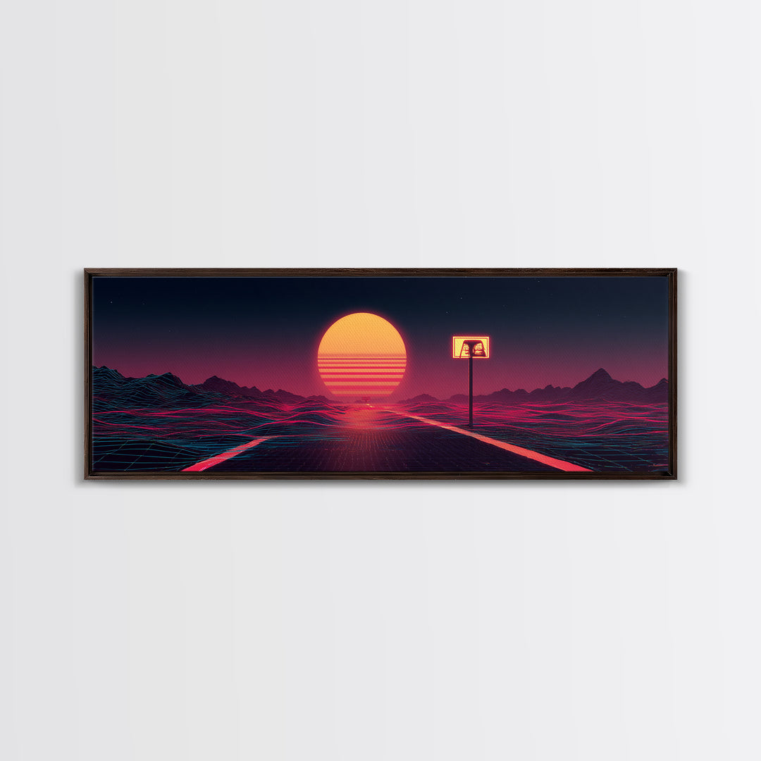 Lonely Neon Desert Highway With Retro Sun Canvas Print, Vaporwave Wall Art, Futuristic Decor, Gamer Room Poster Gift For Him