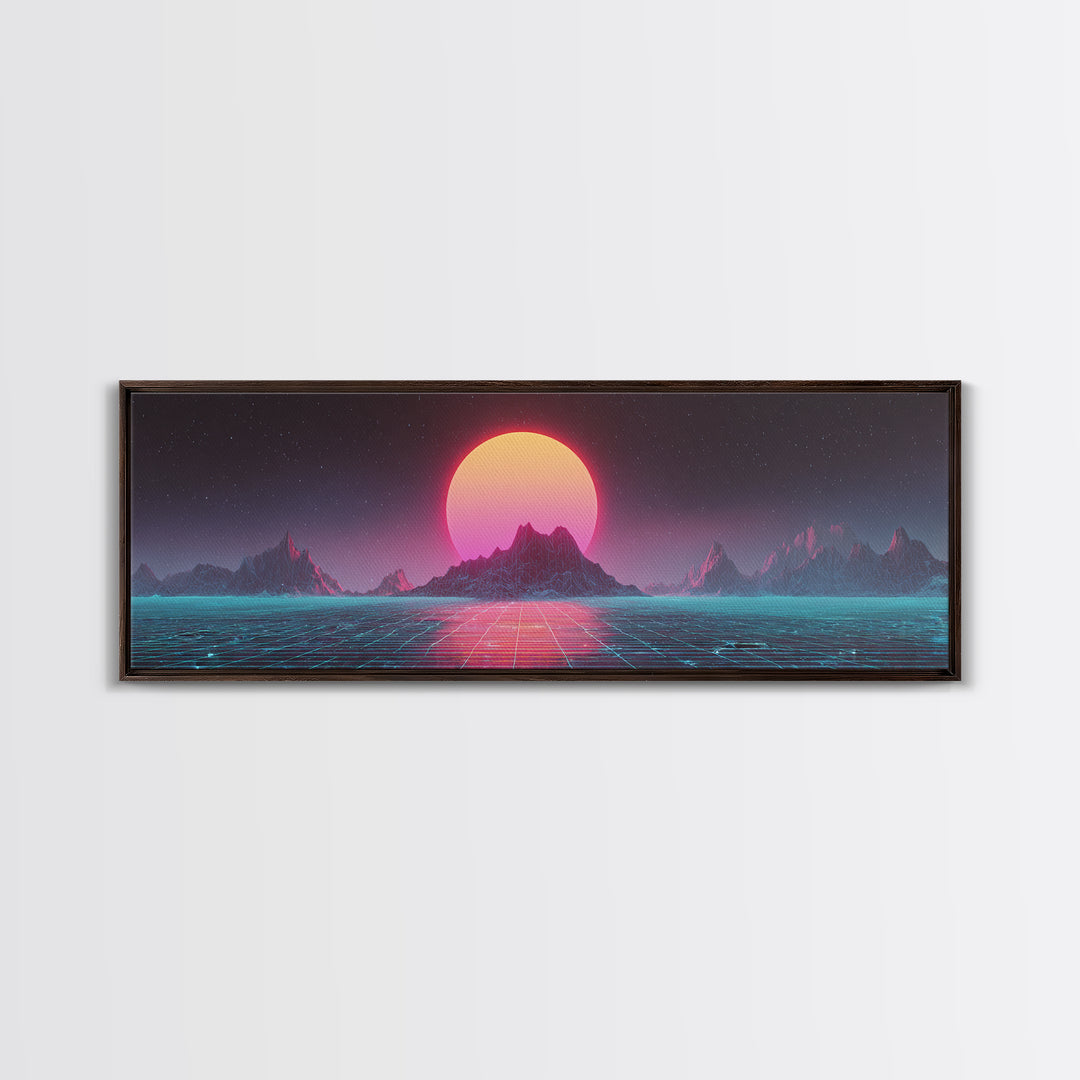 Alien Mountain Grid Sunset Wall Art, Retro Futuristic Synthwave Landscape, Vaporwave Home Decor, Large Horizontal Art Print