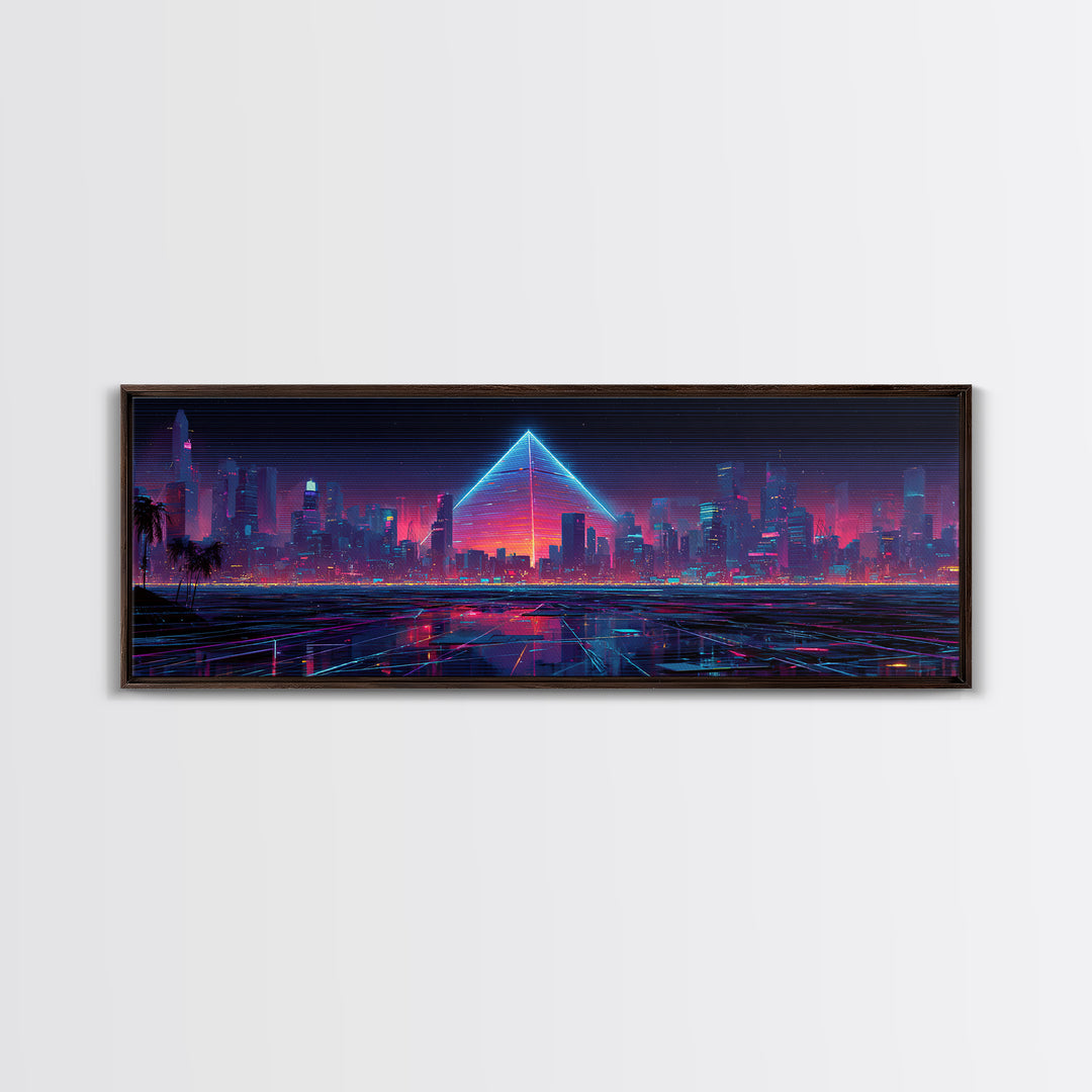 Cyberpunk Neon City With Glowing Pyramid, Futuristic Wall Art, Synthwave Canvas Print, Gaming Room Decor, Modern Office Art