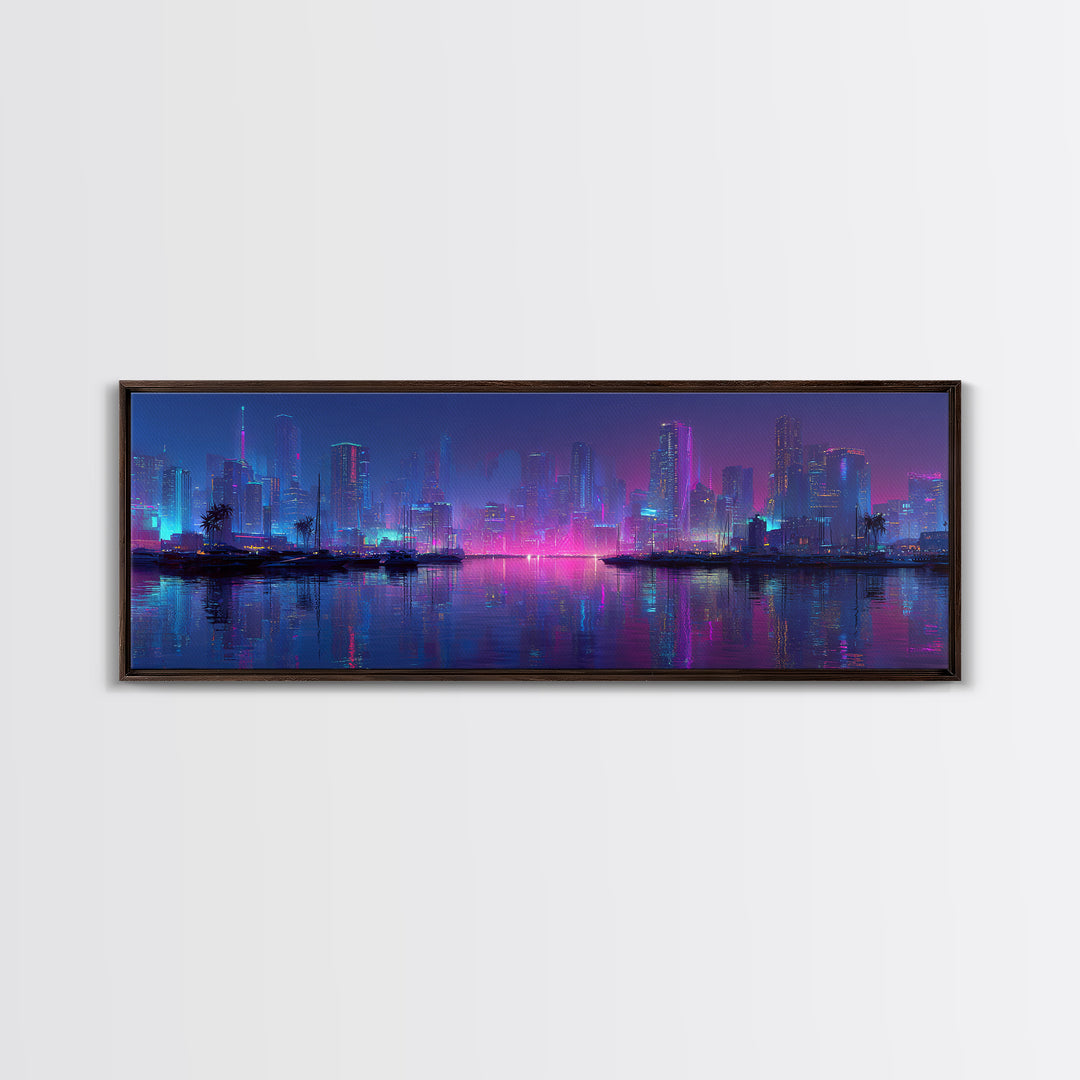 Neon Cyberpunk Skyline Canvas Print, Futuristic Cityscape Wall Art, Vaporwave Office Decor, Large Modern Urban Night Art