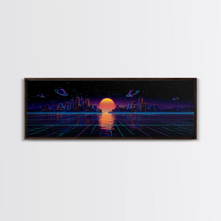 Synthwave City Skyline Over Neon Grid Canvas Print, Retro Futuristic Wall Art, Cyberpunk Decor, Vaporwave Poster Gift For Him