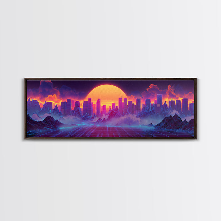 Synthwave City Sunset Skyline Canvas Print, Retro Futuristic Wall Art, Neon Mountain Decor, Vaporwave Living Room Art, Home Decor