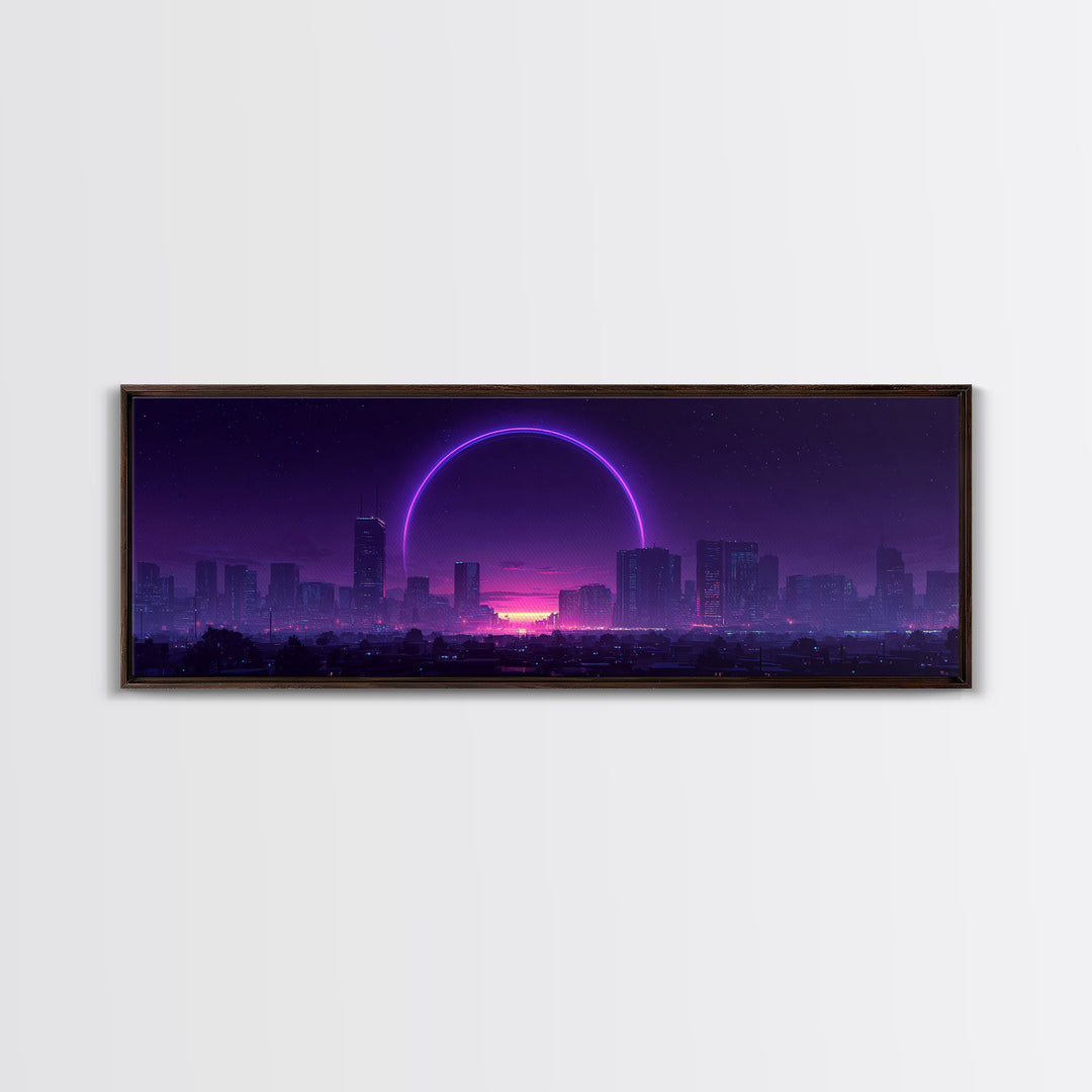 Neon City Skyline With Purple Eclipse Canvas Print, Cyberpunk Wall Art, Futuristic Urban Decor, Gaming Room Statement Art