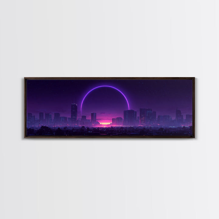Neon City Skyline With Purple Eclipse Canvas Print, Cyberpunk Wall Art, Futuristic Urban Decor, Gaming Room Statement Art