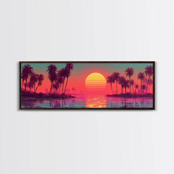 Pastel Tropical Lagoon Sunset With Palms, Vaporwave Canvas Print, Coastal Wall Art, Beach House Decor, Pink Room Decor Print