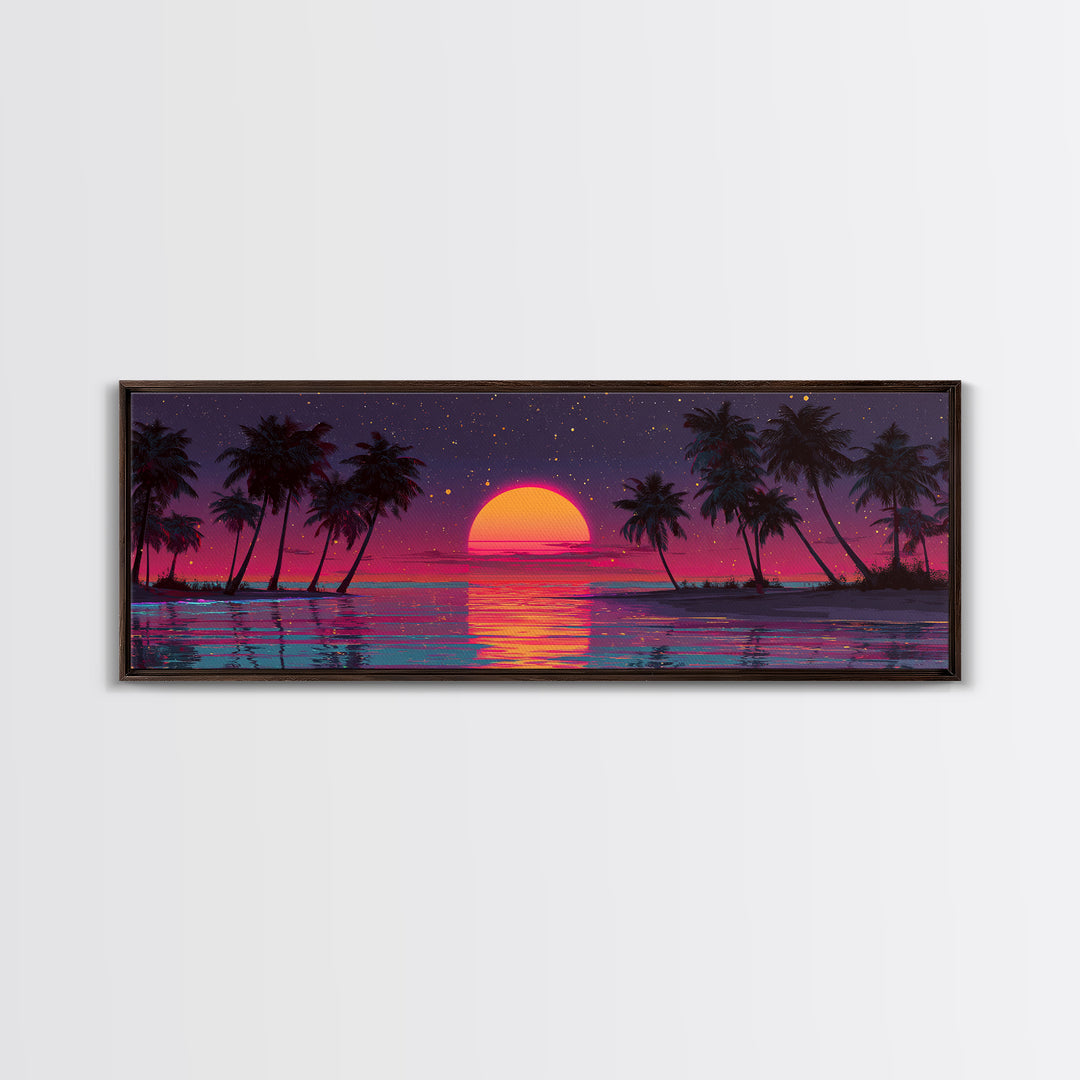 Retro Tropical Sunset Over Palm Island Wall Art, Neon Ocean Landscape, Coastal Decor, Beach House, Large Horizontal Print