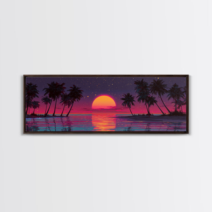 Retro Tropical Sunset Over Palm Island Wall Art, Neon Ocean Landscape, Coastal Decor, Beach House, Large Horizontal Print