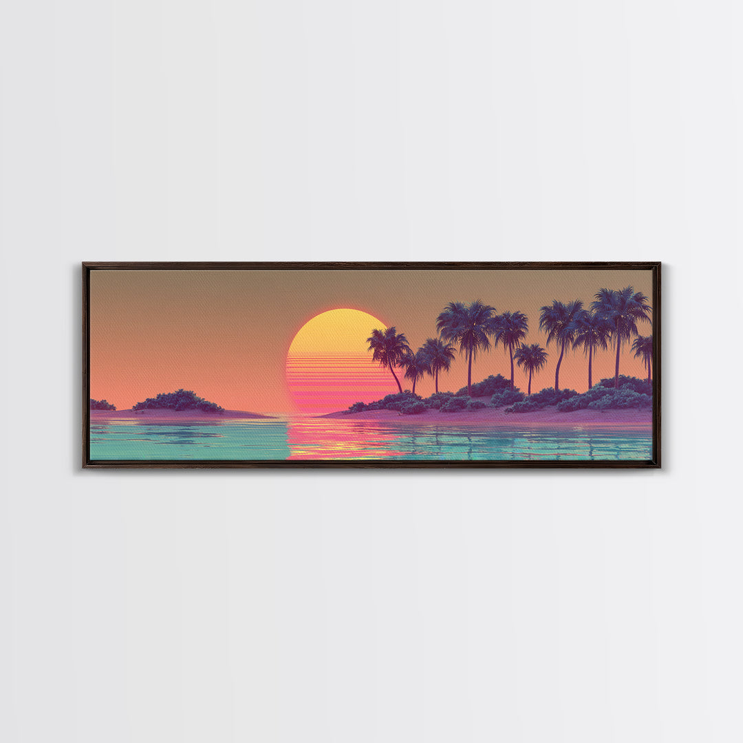 Tropical Palm Island Sunset Canvas Print, Retro Coastal Wall Art, Beach House Decor, Vaporwave Summer Landscape Art Print