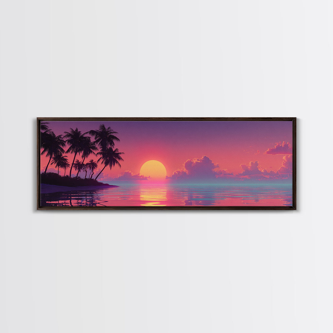 Pastel Island Sunset Over Calm Ocean Canvas Print, Tropical Palm Beach Wall Art, Coastal Home Decor, Pink Seascape Print