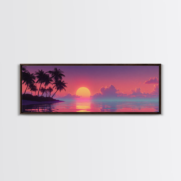 Pastel Island Sunset Over Calm Ocean Canvas Print, Tropical Palm Beach Wall Art, Coastal Home Decor, Pink Seascape Print