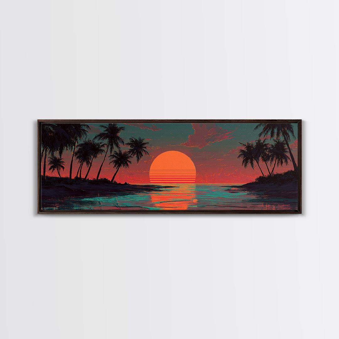 Tropical Palm Island Sunset Wall Art, Retro Beach Canvas Print, Coastal Decor, Ocean Poster, Summer Housewarming Gift, Tropical Home Decor