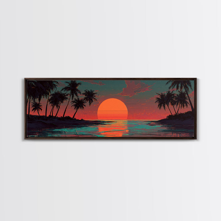 Tropical Palm Island Sunset Wall Art, Retro Beach Canvas Print, Coastal Decor, Ocean Poster, Summer Housewarming Gift, Tropical Home Decor