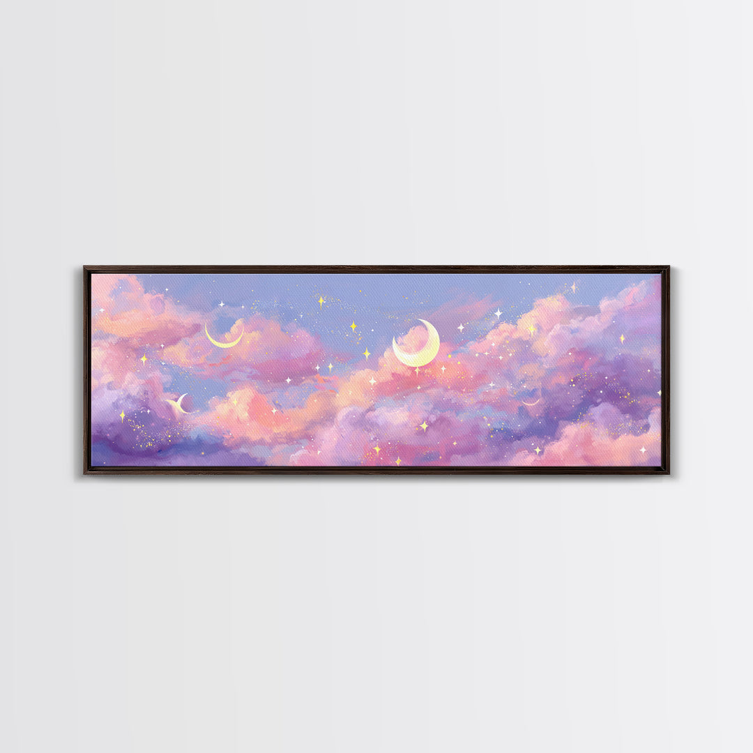 Pastel Crescent Moon Clouds Wall Art, Magical Celestial Nursery Decor, Whimsical Kids Room Print, Dreamy Bedroom Canvas Art