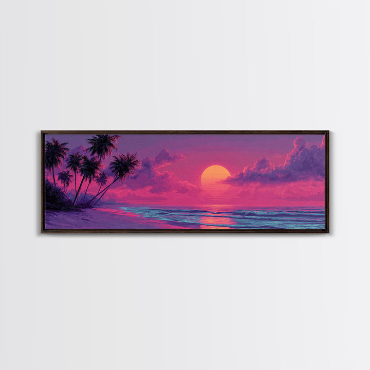 Pink Tropical Beach Sunset Wall Art, Ocean Palm Tree Canvas Print, Coastal Landscape Decor For Bedroom Living Room Wall Decor