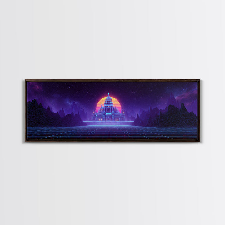 Neon Temple Beneath Cosmic Sunset Framed Canvas Print, Synthwave Wall Art, Futuristic Decor, Sci Fi Living Room Art, Home Decor