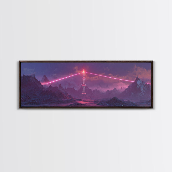 Cyberpunk Mountain Tower Canvas Print, Neon Sci Fi Wall Art, Futuristic Landscape Decor, Gaming Room Poster, Gift For Him