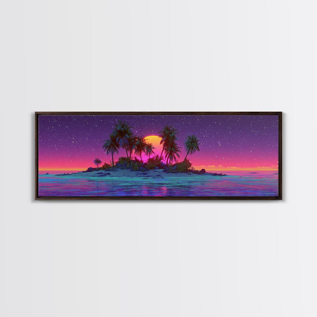 Neon Island Moonrise Wall Art, Starry Tropical Ocean Canvas Print, Purple Pink Coastal Decor, Fantasy Beach House Living Room Print