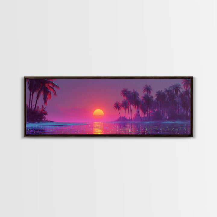 Pink Tropical Ocean Sunset Canvas Print, Palm Island Wall Art, Coastal Beach Decor, Large Vibrant Seascape Wall Art Print
