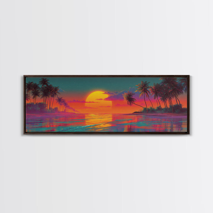 Vibrant Tropical Sunset Lagoon Wall Art, Extra Wide Panoramic Canvas Print, Beach House Decor, Coastal Living Room Wall Decor