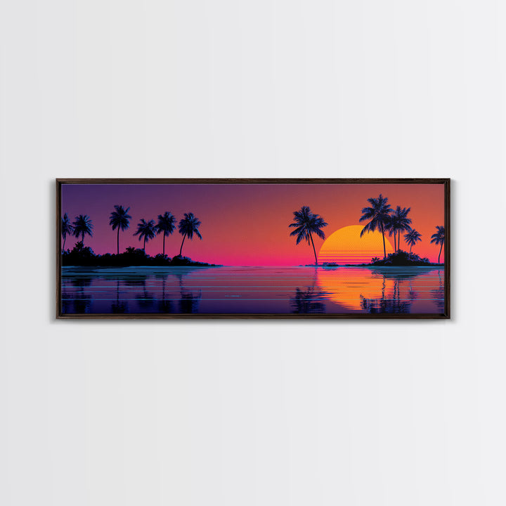 Tropical Island Sunset With Palm Trees Canvas Print, Retro Coastal Wall Art, Beach House Decor, Ocean Print For Living Room