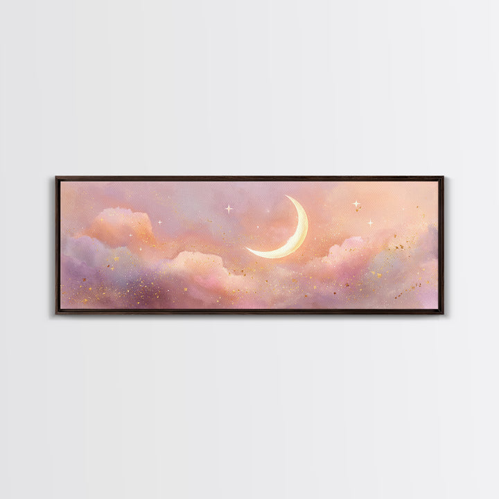 Peach Crescent Moon Over Pastel Clouds Framed Canvas Print, Celestial Wall Art, Soft Nursery Decor, Calming Bedroom Art Print