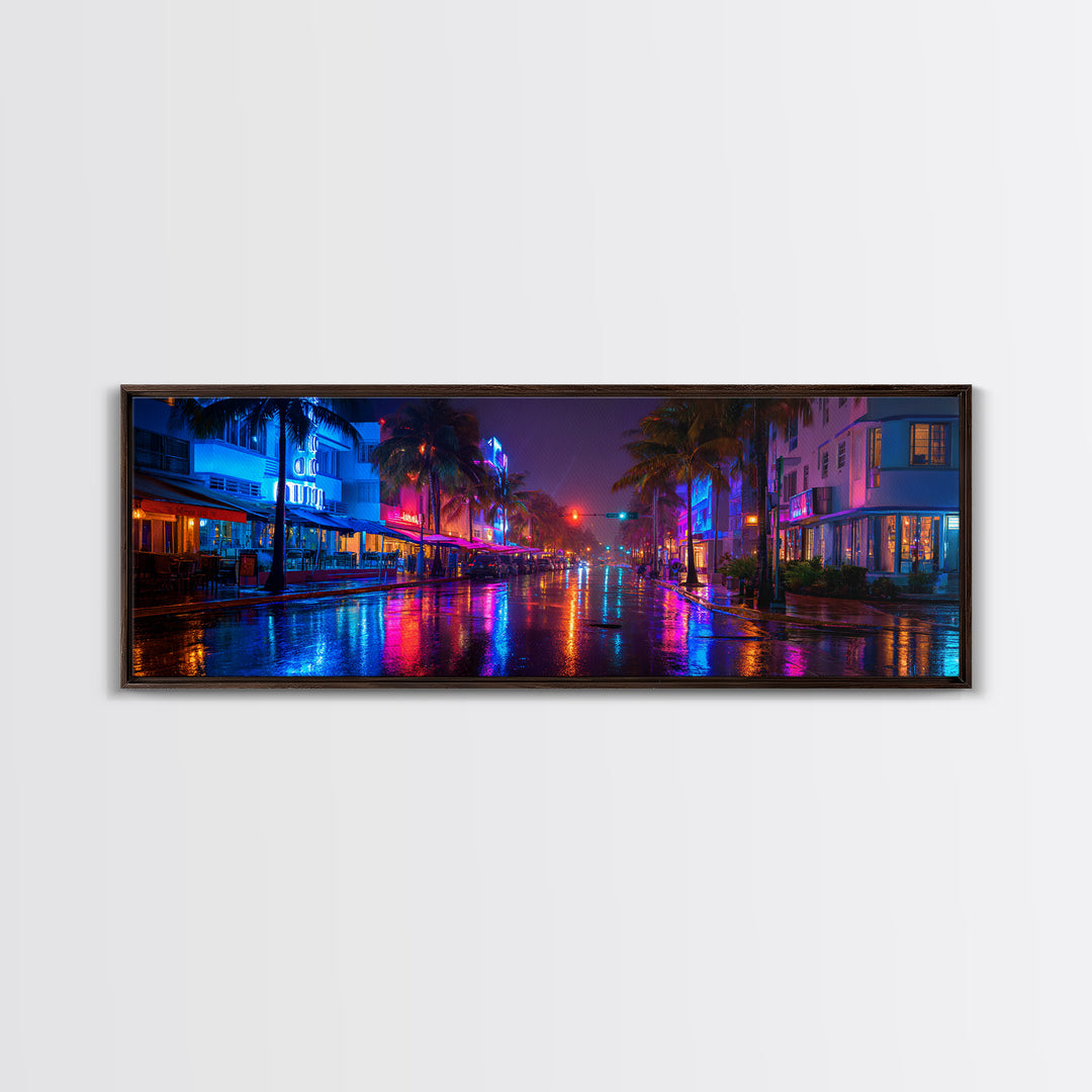 Rainy Neon Miami Street At Night Canvas Print, Cyberpunk City Wall Art, Urban Photography Decor For Modern Home Office Wall Decor