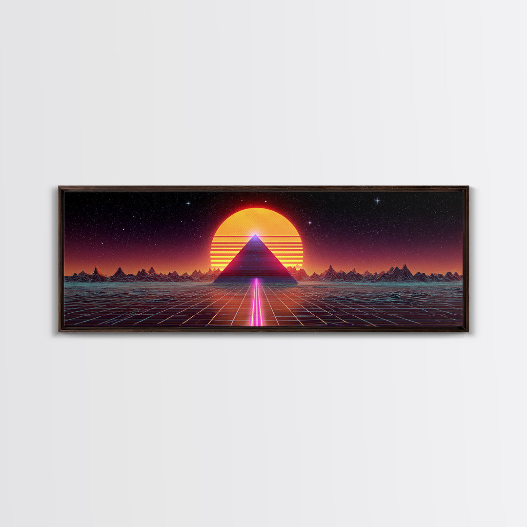 Neon Pyramid Sunset Grid Canvas Print, Retro Futuristic Wall Art, Synthwave Decor, Gaming Room Decor, Large Statement Artwork