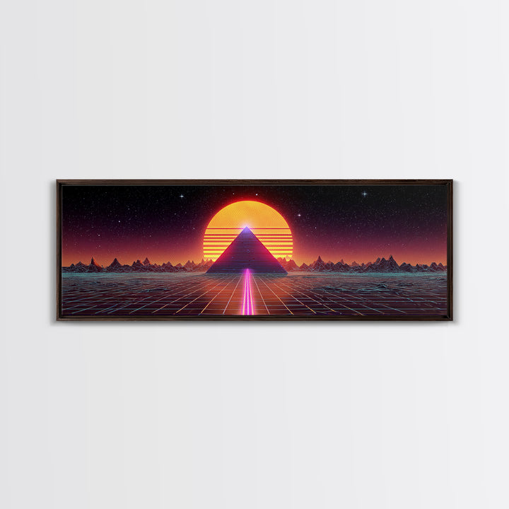 Neon Pyramid Sunset Grid Canvas Print, Retro Futuristic Wall Art, Synthwave Decor, Gaming Room Decor, Large Statement Artwork