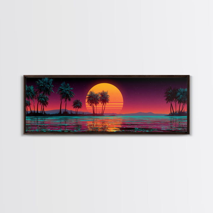 Neon Tropical Sunset Palms Over Ocean Canvas Print, Retro Futuristic Wall Art, Synthwave Beach Decor For Modern Living Room